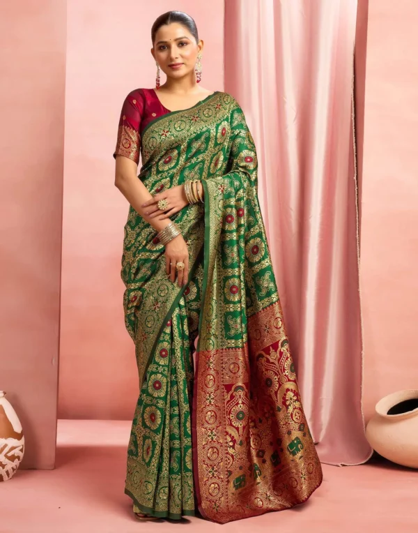 Green and Maroon Banarasi Silk Saree front view