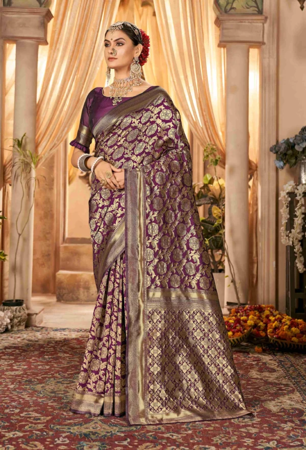 Purple Banarasi Zari Satin Silk Saree for Festive Wear