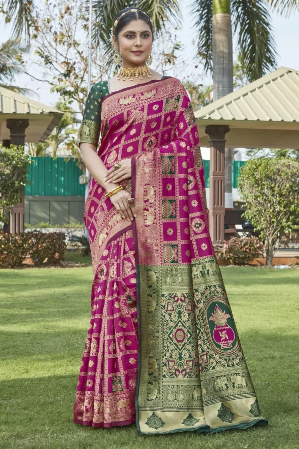 Magenta Pink Paithani Saree with Green Traditional Pallu